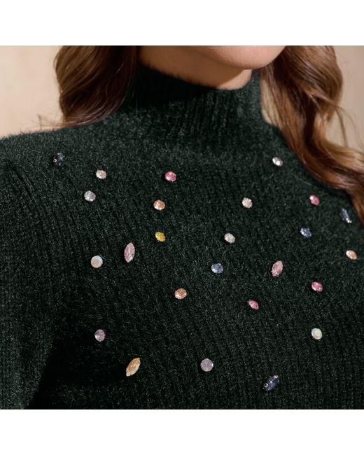 Roch Perel Green Embellished Fur Knit Sweater