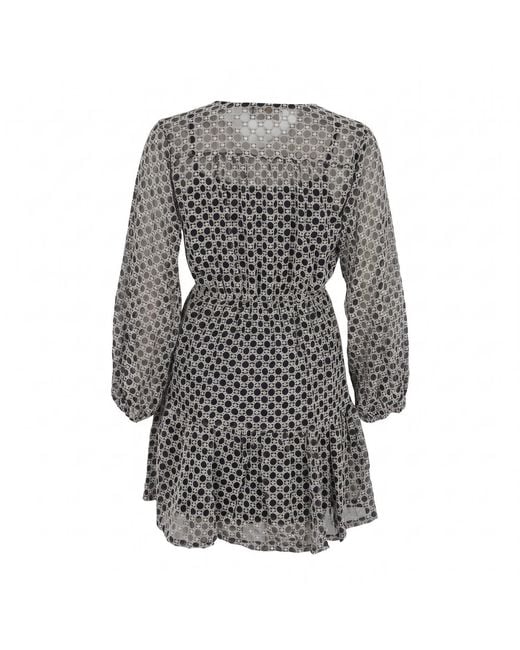 Modenaire Gray Polka Dot Embroidered Lace Dress With V-Neck & Tie Waist