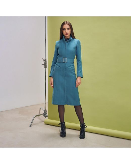 AVENUE No.29 Blue Midi Length Wool Coat With Belt