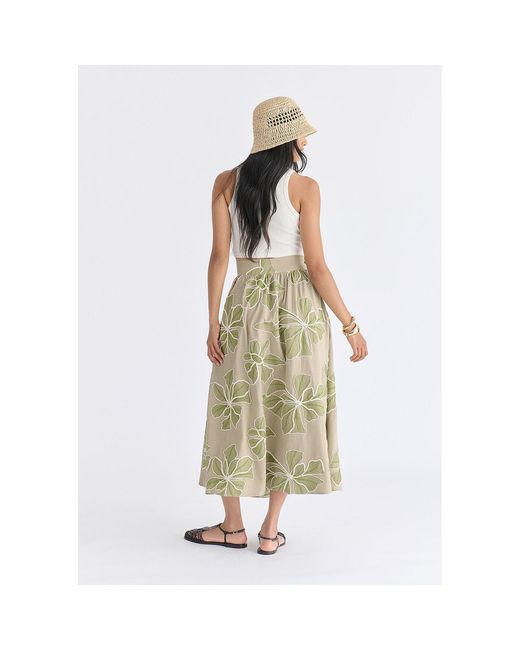 Paisie Natural Floral Embroidered Midi Skirt