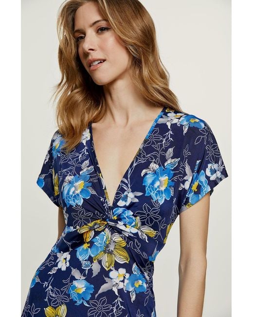 Conquista Blue Print Knot Detail Midi Dress
