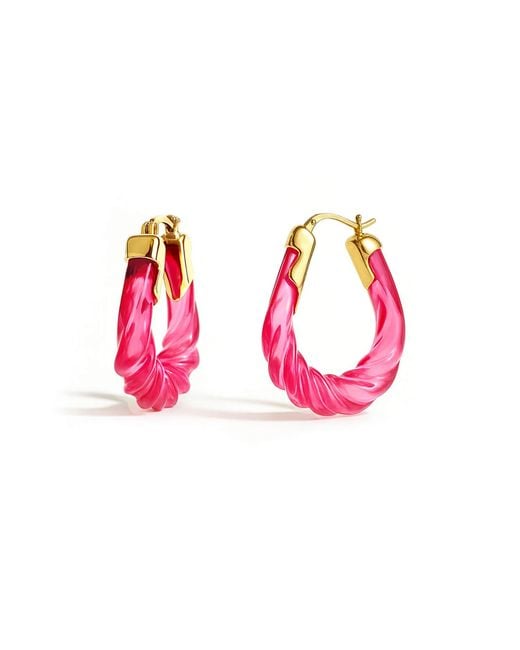 Gold & Honey Pink Tourmaline Rope Twist Oval Lucite Birthstone Hoop Earrings