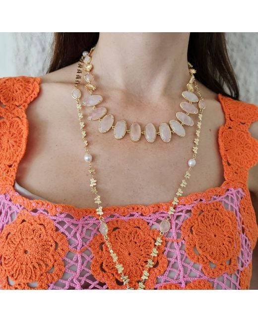 Farra Natural Rose Quartz With Flower Chain Statement Necklace
