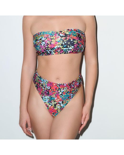 Playaluxe Red Capri Ruched Bandeau Bikini Set Confetti Floral