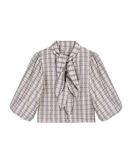 Nocturne Gray Checked Tie Neck Cropped Shirt