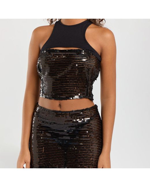 Egyptian Blue Black Cropped Sequin Tank Top