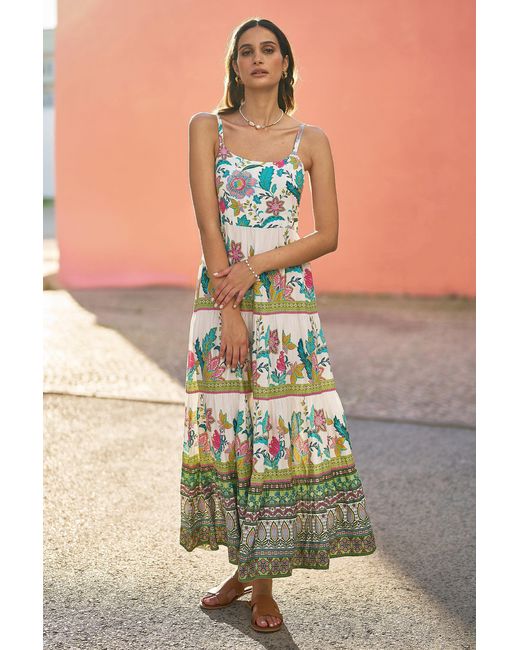 Yumi' Green Floral Block Print Tiered Maxi Sun Dress