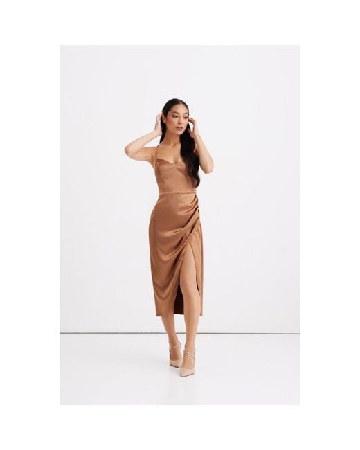 Nomi Fame Brown Selena Satin Midi Dress With Straps And Draped Skirt