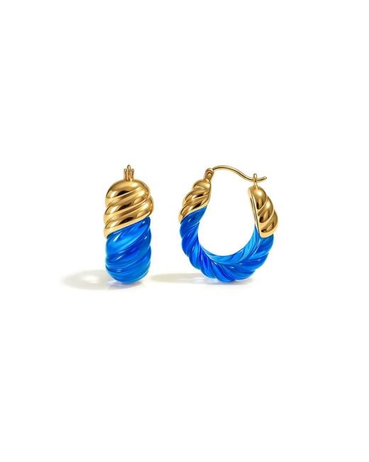 Gold & Honey Blue Topaz Rope Shrimp Lucite Birthstone Hoop Earrings