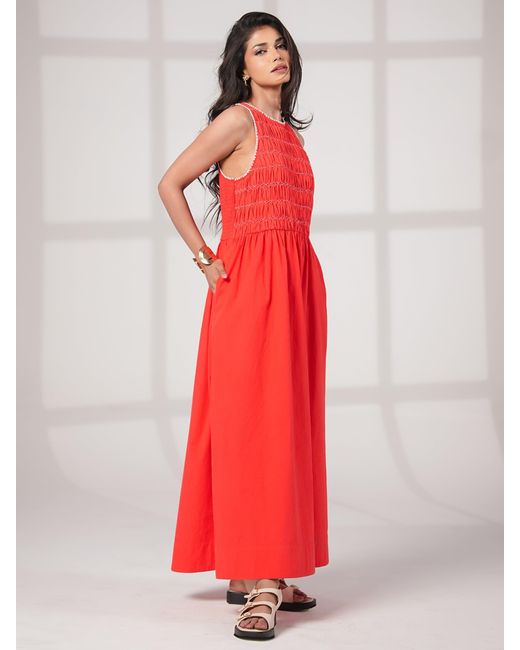 Rose & Nancy Red Issy Smocked Cotton Maxi Dress