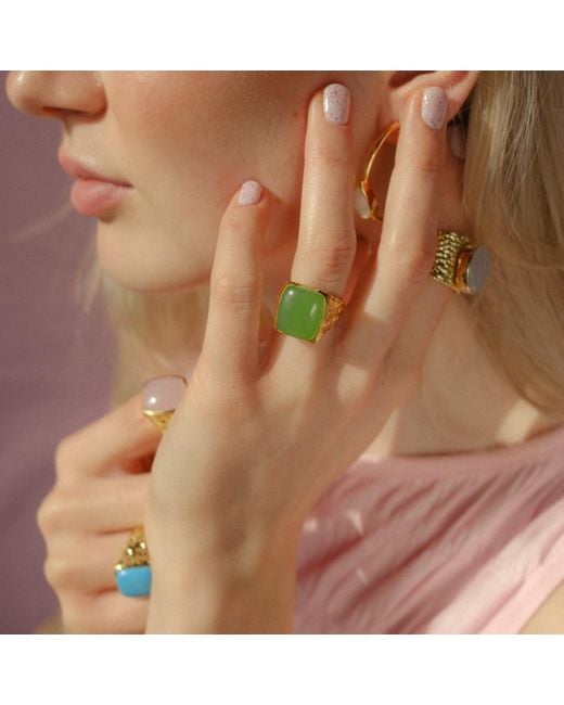 YAA YAA LONDON 'happy' Prehnite Green Gemstone Gold Ring