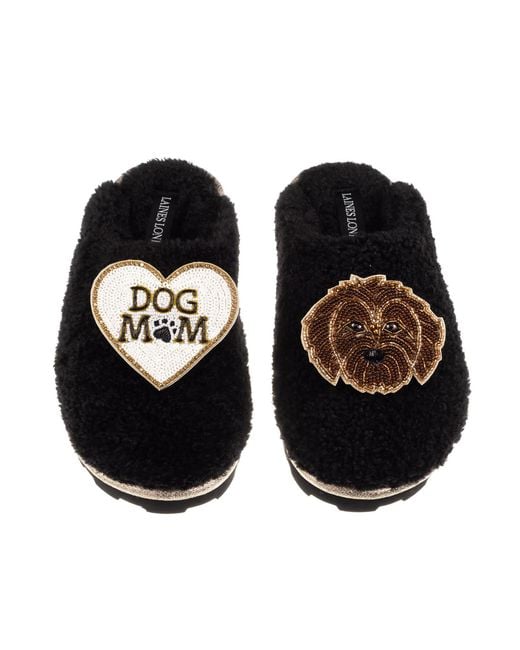 Laines London Black Teddy Closed Toe Slippers With Dog Mum Mom & Chocolate Cockapoo Brooches