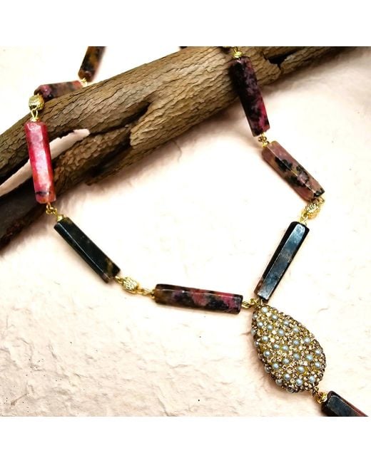Farra Metallic Elegant Y-Shaped Rhodonite Necklace With Tassel Accents
