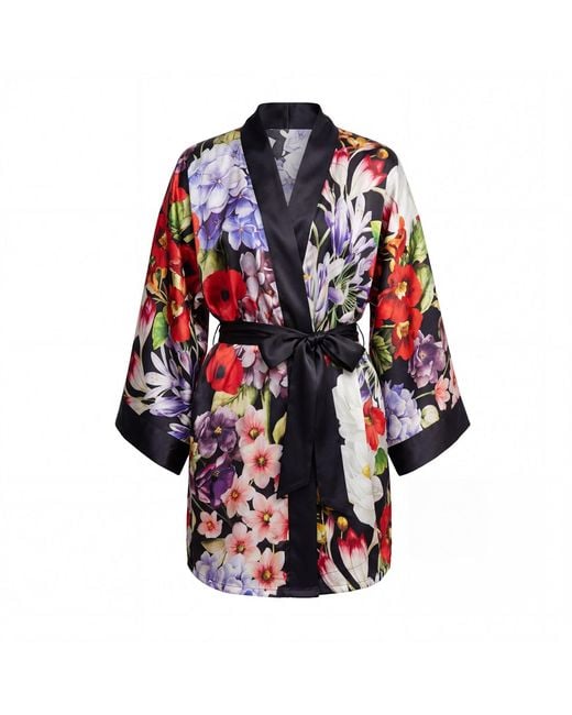 Vimissia Blue Wild Bloom Short Silk Kimono Stile Robe