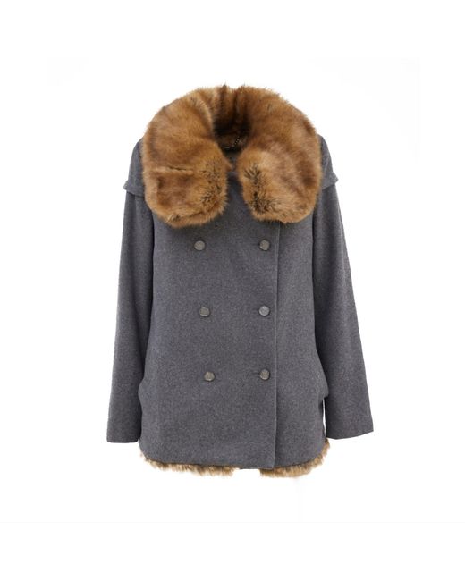 Julia Allert Gray Mid-thigh Length Double-breasted Coat With Fur Collar Grey