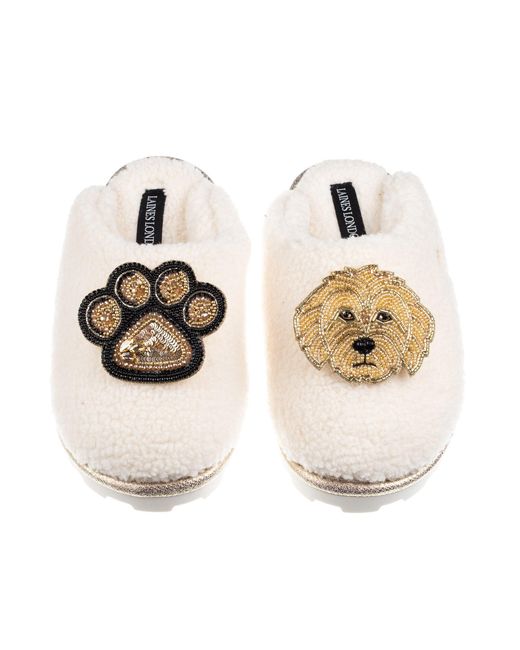 Laines London Metallic Neutrals Teddy Closed Toe Slippers With Paw & Golden Cockapoo Brooches
