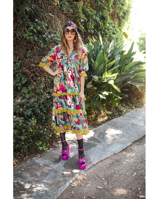 Jennafer Grace Blue Fuchsia Fae Velvet Ruffle Maxi Dress