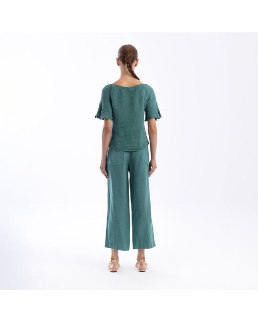 Haris Cotton Blue Off Shoulder Textured Cotton Blouse With Sheer Lace Emerald
