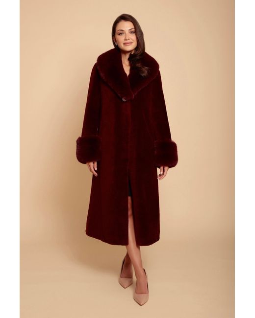 Santinni Red 'Sunset Boulevard' Long Wool Coat With Faux Fur Collar