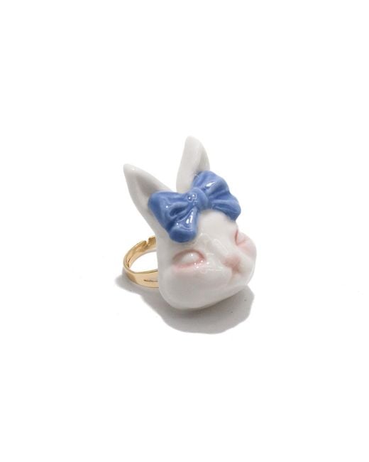 H2 Studio Blue Grumpy Bunny Bow Tie 14K Plated Brass Ring