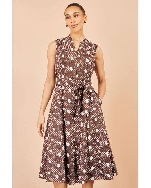Yumi' Brown Cotton Embroidery Shirt Dress
