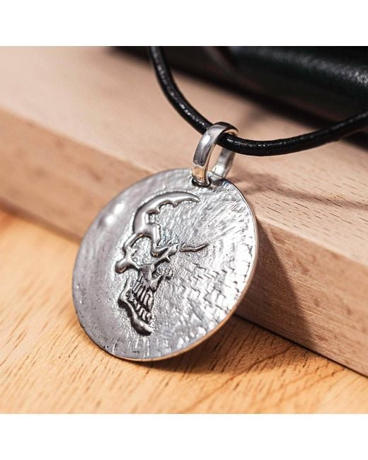 German Kabirski Metallic Dhara Oxidized Sterling Round Pendant With Half Skull Relief for men