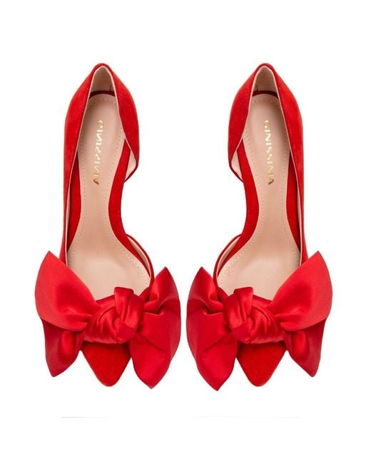 Ginissima Red Samantha Suede And Oversized Satin Bow Open Sided Stiletto