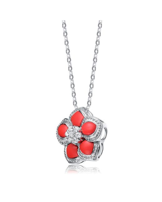 Genevive Jewelry Sterling Silver White Cubic Zirconia Red Flower Pendant