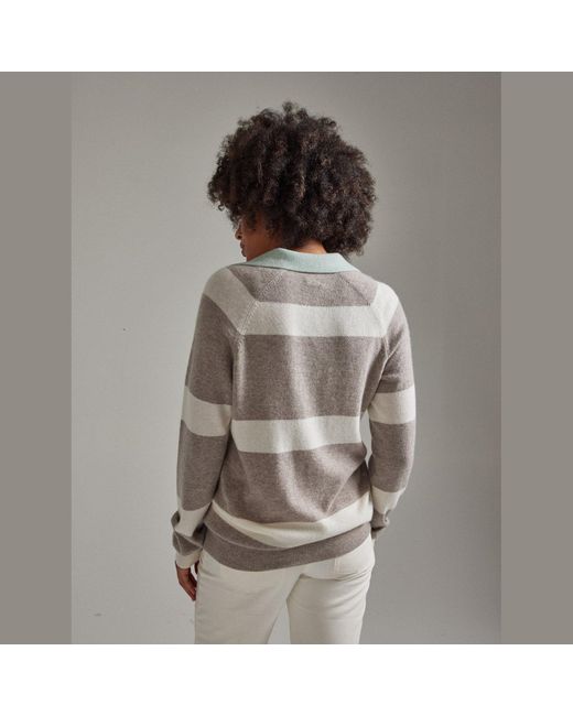 Salts Cashmere Gray Split Neck Polo Stripe Sweater