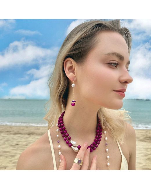 Farra Purple Freshwater Pearls And Gemstone Dangle Earrings