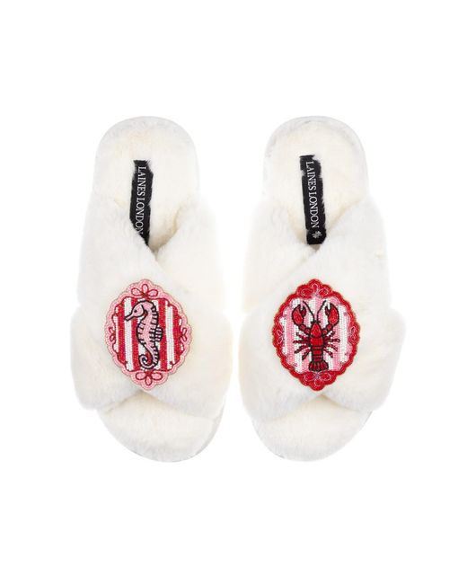Laines London Red Neutrals Classic Laines Slippers With Stripe Seahorse & Lobster Brooches