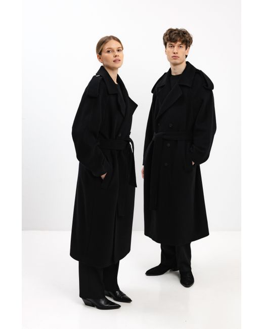 InAvati Black Long Double-Breasted Wool Coat