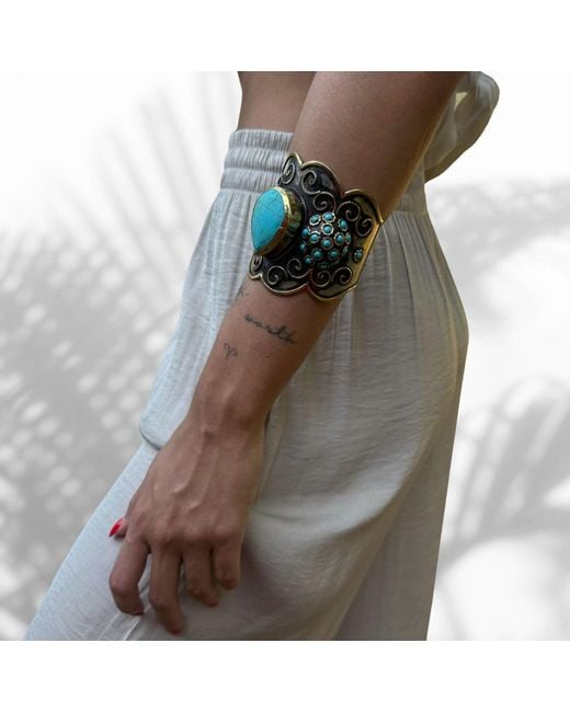Ebru Jewelry Green Majestic Gemstone & Vintage Chunky Adjustable Bracelet