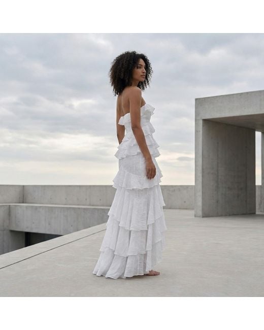 Modenaire White Tiered Ruffle Maxi Dress Strapless Silhouette