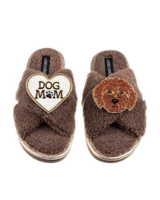 Laines London Brown Neutrals Boucle Slippers With Dog Mum/Mom & Apricot Cockapoo Brooches