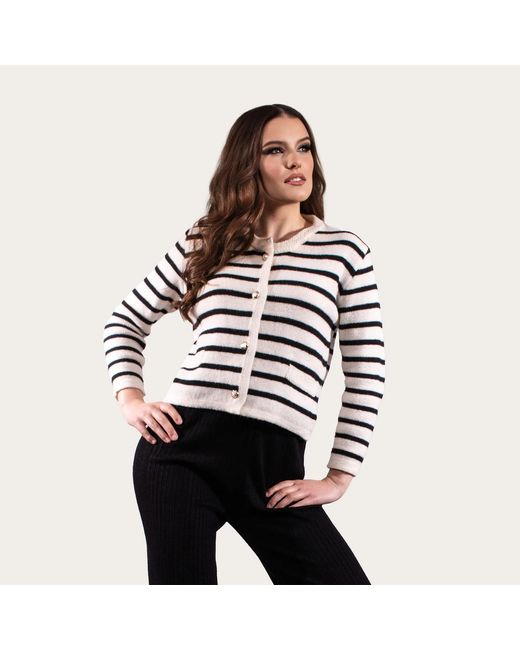 Chanel Joan Elkayam Black Neutrals Wool Blend Knitted Striped Cardigan