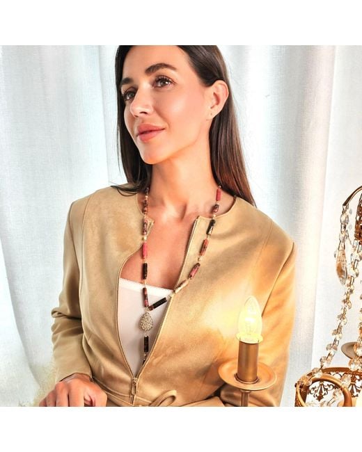 Farra Metallic Elegant Y-Shaped Rhodonite Necklace With Tassel Accents