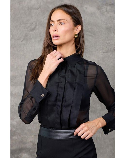 Madison / Savile Black Noir Pleated Chiffon French Cuff Shirt