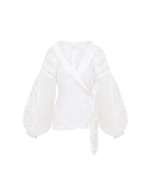 Annabo White Roseveil Embroidered Linen Wrap Blouse –