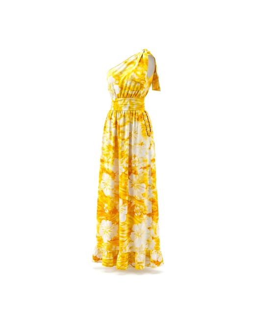 Nyny Ryke Yellow Wilma, One-Shoulder Batik Maxi Dress Floral Summer Dress