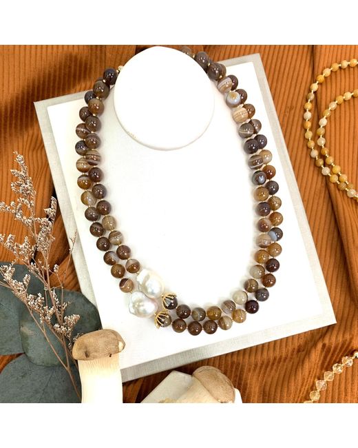 Farra Metallic Agate With Baroque Pearls Double Layers Necklace
