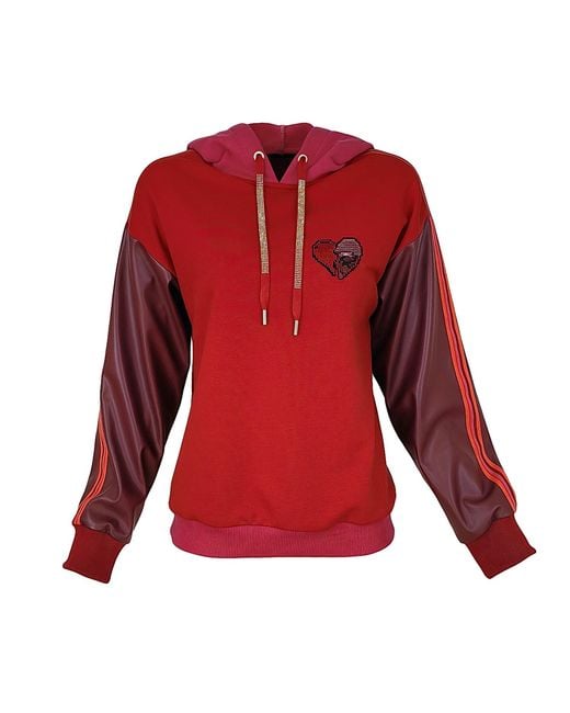 Lalipop Design Red Color Block Hoodie With Vegan Leather Sleeves