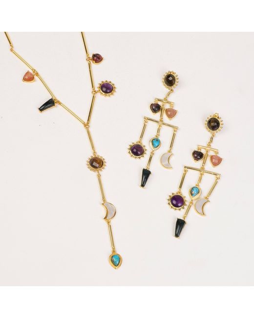 Lila Rasa Metallic Multi Stone Balance Drop Earrings With 7Semi Precious Gemstone
