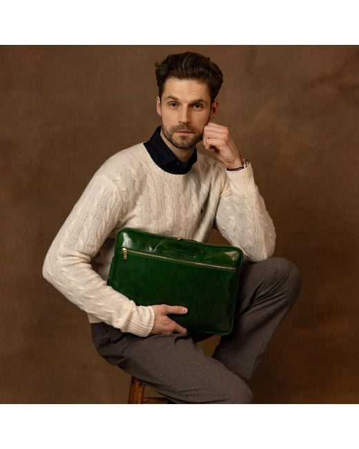 Time Resistance Green Leather Briefcase Laptop Bag for men