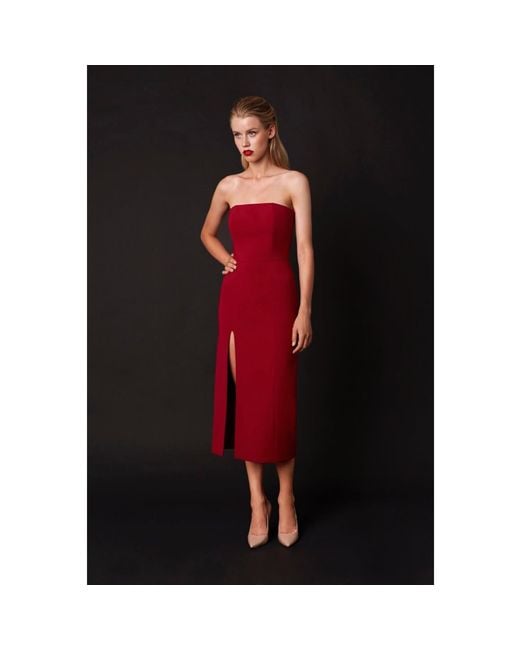 Nomi Fame Red Mora Wine Strapless Front Slit Corset Midi Dress