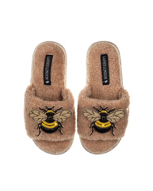 Laines London Brown Teddy Toweling Slipper Sliders With Double Honeybee Brooches