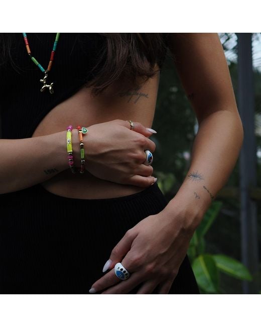 Ebru Jewelry Metallic Colorful Jasper Guardian Evil Eye & Heart Charm Bracelet Set