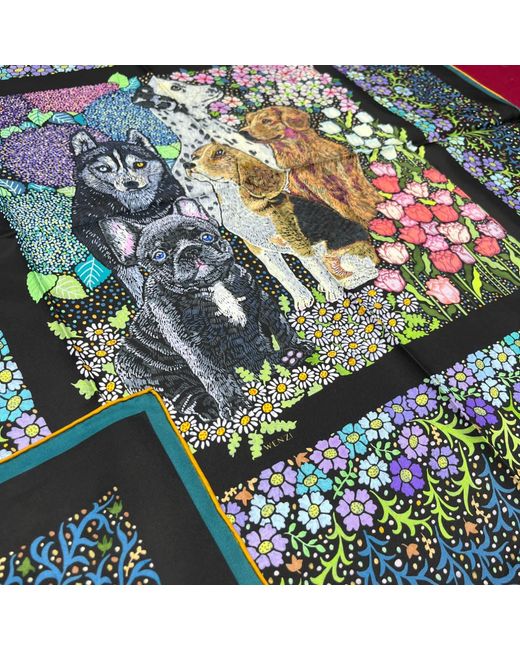 Wenzi Multicolor Whiskered Court The Canine Chapter Hand Painted Pattern Silk Twill Scarf