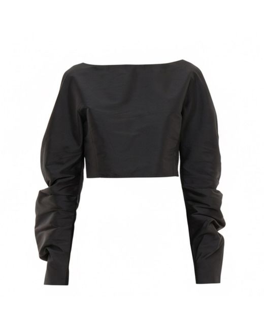 Sazha Black Silk Taffeta Cropped Top With Voluminous Sleeves