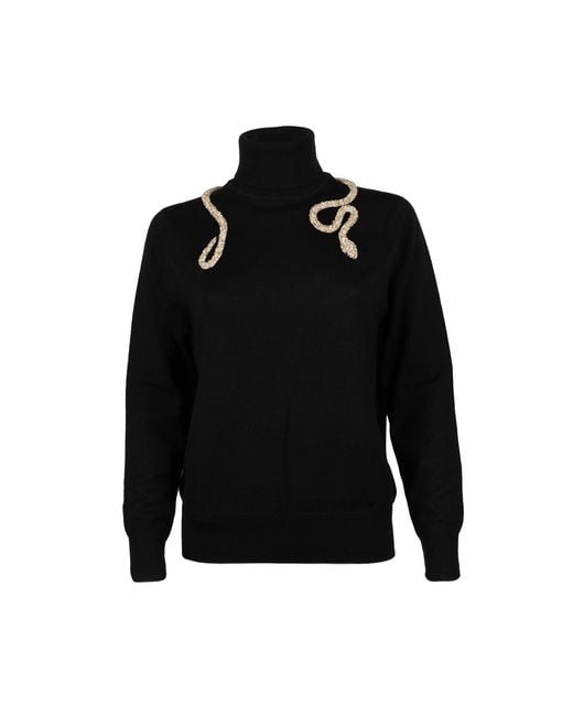 House of Laines London Black Laines Couture Wrap Crystal & Pearl Snake Embellished Knitted Roll Neck